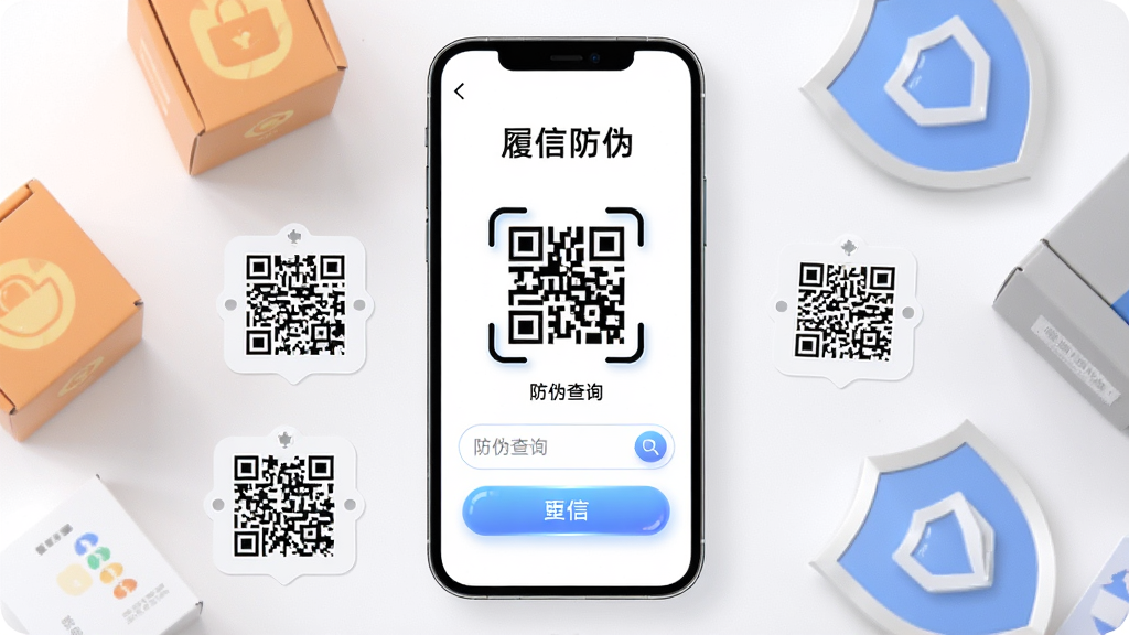 手机屏幕正中央展示“履信防伪”应用界面,界面主体是一个醒目的扫码按钮和防伪查询输入框,背景为干净的白色,周围环绕着商品包装盒、防伪二维码标签和盾牌图标,整体布局采用居中对称构图,风格为扁平化科技风,细节上应用图标圆润、按钮带有微光质感,画质清晰干净无多余元素