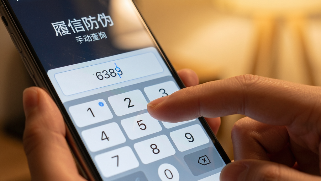 一双手指正在手机屏幕上输入一串防伪码数字,屏幕上方显示“履信防伪”手动查询界面,输入框内有数字键盘弹出,背景为温暖的室内光线,布局采用特写镜头聚焦手指与屏幕,风格为生活写实风,细节上手机屏幕有轻微反光、键盘按键清晰,画质干净无多余元素