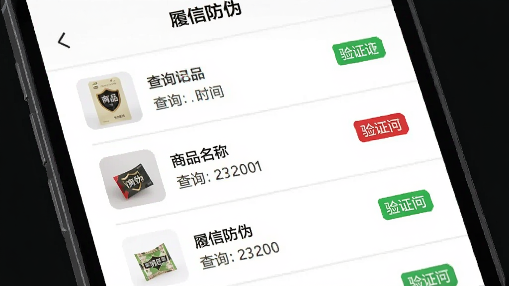 手机屏幕展示“履信防伪”查验记录列表页面,列表项包含商品缩略图、商品名称、查询时间和绿色或红色的验证结果标签,背景为纯白色,布局采用垂直列表排版,风格为极简卡片风,细节上每条记录之间有浅灰色分割线、图标简洁,画质清晰干净无多余元素