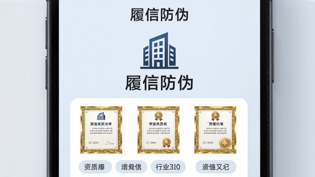 手机屏幕显示“履信防伪”企业信息页面,页面中央有企业大厦图标和企业名称文字,下方排列着资质证书缩略图和行业标签,背景为淡蓝色,布局采用上下结构,风格为商务简洁风,细节上证书图标带有金色边框、文字排版整齐,画质干净无多余元素