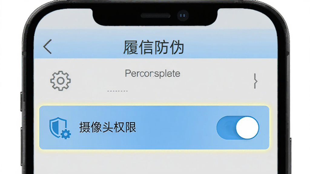 手机屏幕显示“履信防伪”应用权限设置界面,摄像头权限选项被高亮标注,旁边有盾牌和齿轮图标,背景为浅灰色,布局采用上下结构,风格为扁平化说明风,细节上权限开关按钮清晰、文字标注醒目,画质干净无多余元素