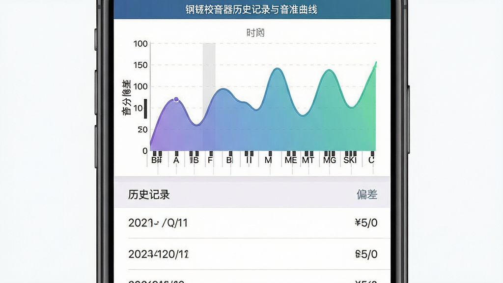 一张展示钢琴校音器历史记录与音准曲线功能的界面截图,画面中手机屏幕显示钢琴校音器App的数据统计页面,页面上方是折线图,横轴为琴键音名,纵轴为音分偏差,折线呈现波浪起伏,下方是历史记录列表,显示日期和偏差数值,整体布局为上下结构,风格为现代扁平化UI设计风格,细节包括图表的渐变填充色、列表的分隔线、数值的清晰字体,画质高清,干净,无多余元素