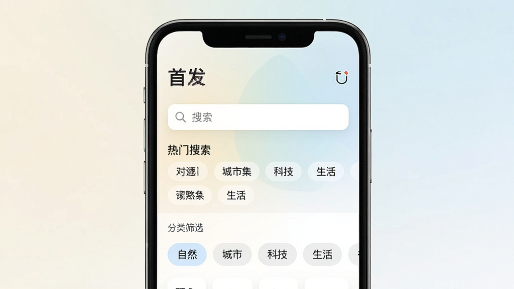 一张展示“首发”应用搜索界面的图片,屏幕中央有搜索框,搜索框下方显示热门搜索词标签,再下方是分类筛选栏,包含“自然”“城市”“科技”“生活”等选项,背景为浅色渐变,界面元素排列整齐,风格简约清爽,画质清晰,干净,无多余元素
