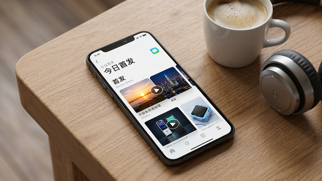 一部智能手机放在木质桌面上,屏幕亮起显示“首发”应用的更新页面,页面顶部有“今日首发”字样,下方排列着多个高清视频封面,封面包含日出、城市夜景、科技产品等画面,手机旁边有一杯咖啡和一副耳机,整体风格清新写实,画质细腻,干净,无多余元素