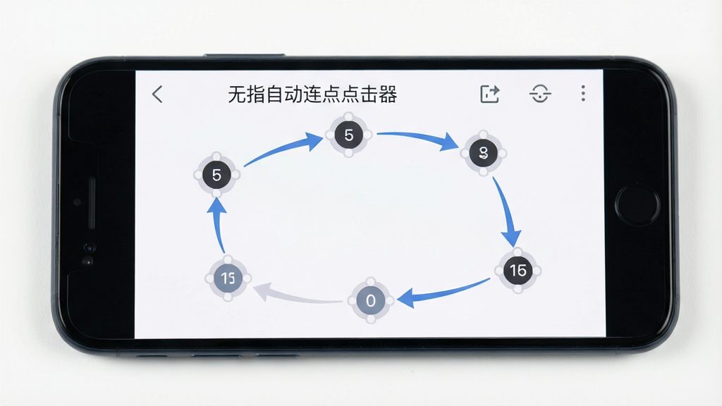 手机屏幕中展示“无指自动连点点击器”多点位设置界面,屏幕上分布着多个带编号的点击标记点,箭头指示循环点击路径,界面布局清晰,风格简洁扁平化,背景为干净的白色,细节精准,画质高清,干净无多余元素