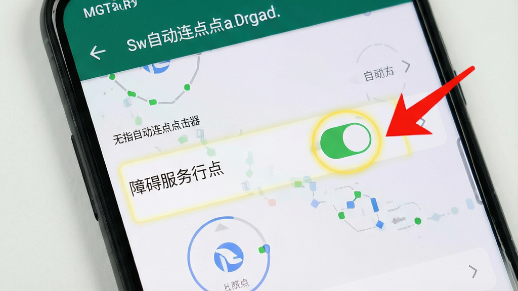 手机屏幕显示“无指自动连点点击器”的设置界面,界面中无障碍服务开关被高亮标注,旁边有红色箭头指示,背景为系统设置页面,风格清晰直观,排版简洁,细节精准,画质高清,干净无多余元素