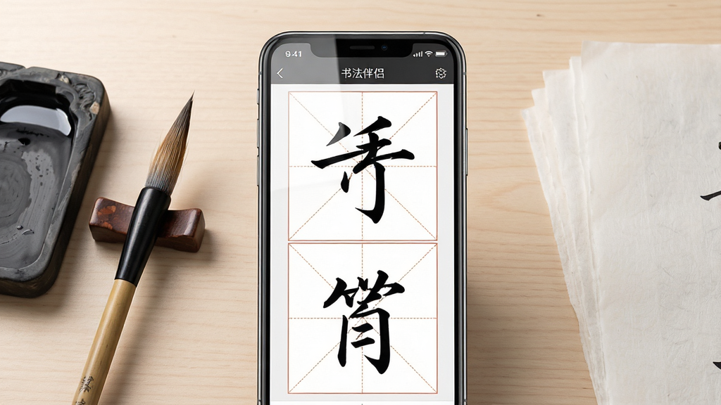 一张展示书法伴侣手机应用界面的场景图,画面中央是一部竖屏智能手机,屏幕内显示书法伴侣APP的字帖练习页面,页面中有米字格和楷书范字,手机左侧散落一支毛笔和一方砚台,右侧有一叠宣纸,背景是淡雅的原木桌面,整体布局居中对称,风格为清新写实的产品展示图,细节包括手机屏幕的高光反射、宣纸的纹理、毛笔笔毫的层次,画质高清,画面干净,无多余元素