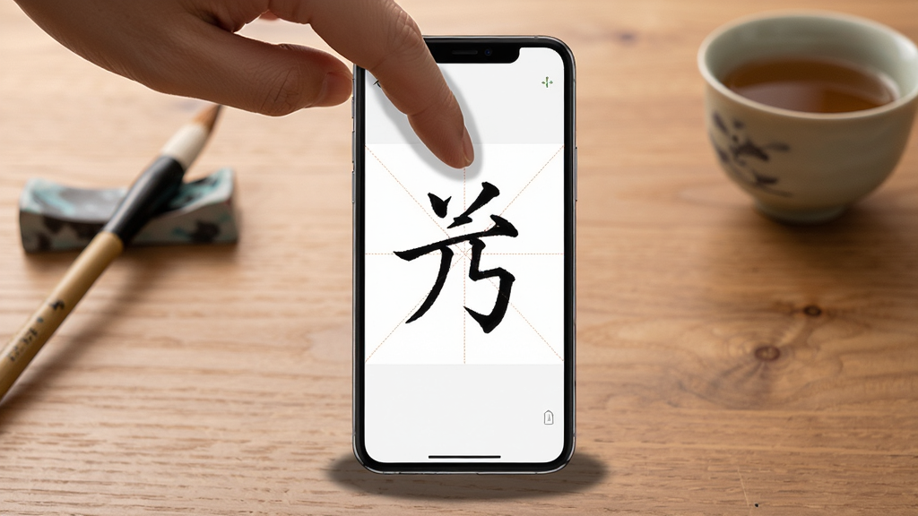 书法伴侣APP在安卓手机上运行的字帖练习场景图,画面中手机竖屏显示米字格和楷书范字,手指正悬在屏幕上方准备临摹,手机下方有淡淡的阴影,背景为书桌桌面,桌上有毛笔和茶杯,布局为手机居中、手指从上方入画,风格为温馨的学习场景写实图,细节包括屏幕的清晰显示、手指的自然姿态、桌面的木纹,画质高清,画面干净,无多余元素