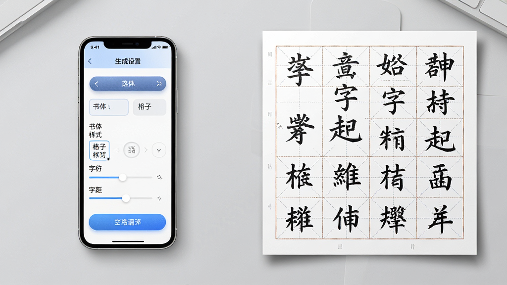 书法伴侣APP自定义字帖生成功能展示图,画面中一部手机横屏放置,屏幕内显示字帖生成设置面板,面板上有书体选择、格子样式、字距调节等选项,手机旁边放着一张刚打印出来的字帖纸张,纸张上有整齐的楷书范字和米字格,背景为浅灰色桌面,布局为手机在左、字帖在右的对比展示,风格为简洁科技感的产品功能图,细节包括屏幕UI的按钮质感、纸张边缘的阴影,画质高清,画面干净,无多余元素