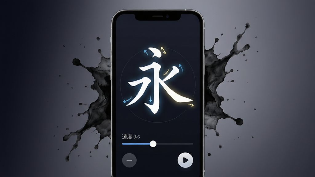 书法伴侣APP笔画跟练功能界面图,画面中手机屏幕显示一个楷书“永”字的动态书写演示,笔画按顺序高亮显示,屏幕下方有速度调节滑块和播放按钮,手机周围有淡淡的墨迹飞溅效果装饰,背景为深色渐变,布局为手机居中、功能元素环绕,风格为现代简约的科技演示图,细节包括笔画轨迹的光效、UI按钮的圆角质感,画质高清,画面干净,无多余元素