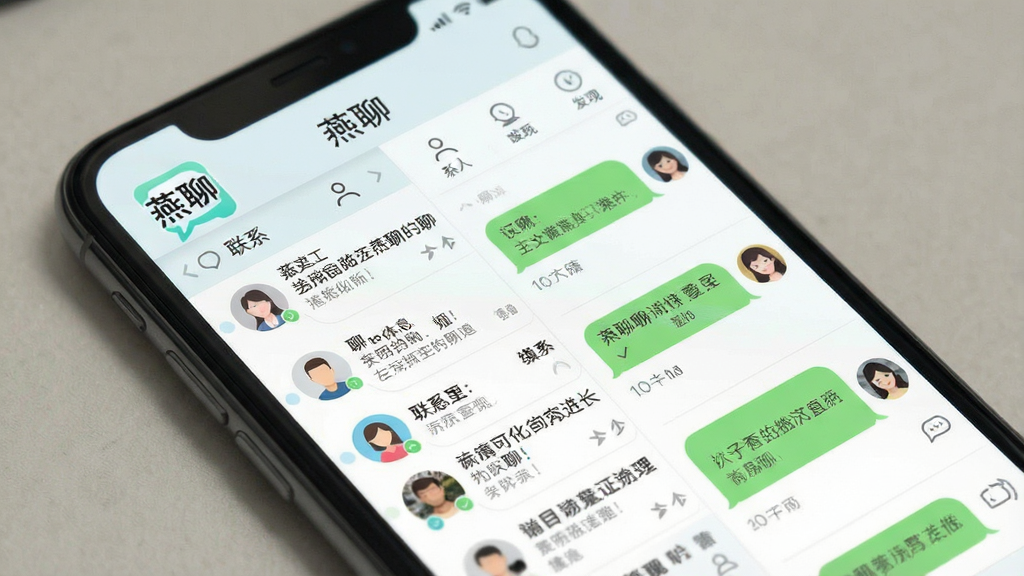 一张手机屏幕正面展示图,画面中央是聊天软件“燕聊”的主界面,顶部有“燕聊”文字标识,下方排列着消息列表、联系人、发现等模块,界面采用浅色系配色,整体布局简洁干净,风格为扁平化UI设计,细节上突出聊天气泡和头像元素,画质清晰,画面干净,无多余元素