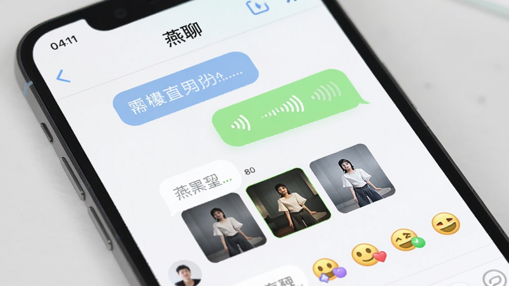 一张手机聊天界面特写图,屏幕上显示“燕聊”的聊天窗口,包含文字气泡、语音条、图片缩略图和表情图标,界面配色柔和,风格为移动端UI展示,细节上突出多种消息类型的排列,画质清晰,画面干净,无多余元素