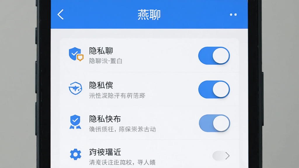 一部手机屏幕显示“燕聊”的隐私设置页面,页面上有多个开关按钮和选项列表,界面风格简洁,配色以蓝白为主,细节上突出隐私保护相关的图标和文字说明,画质清晰,画面干净,无多余元素