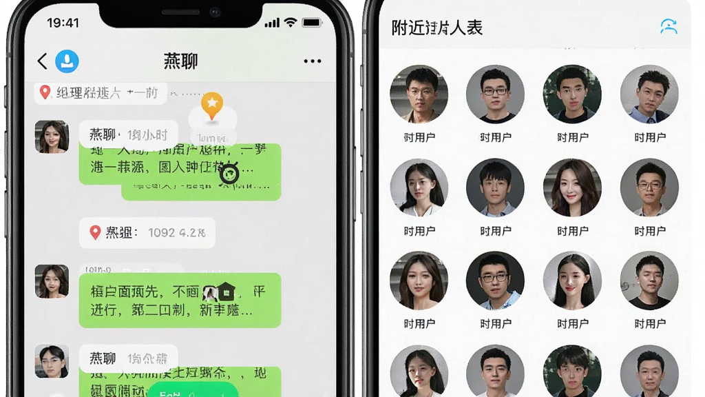 一张手机屏幕截图,展示“燕聊”的群聊界面和附近的人列表,左侧为群聊消息气泡,右侧为附近用户头像网格,背景为浅色,风格为社交应用UI展示,细节上突出群组互动和地理位置标签,画质清晰,画面干净,无多余元素