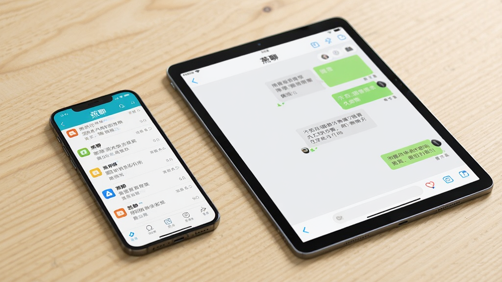一部手机和一台平板并排放在桌面上,屏幕均显示“燕聊”聊天界面,手机屏幕展示消息列表,平板屏幕展示聊天窗口,背景为浅色木质桌面,风格为产品展示摄影,细节上突出设备轻薄和界面清晰,画质干净明亮,无多余元素