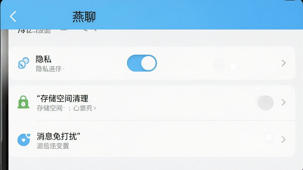 一张手机屏幕显示“燕聊”设置页面的截图,页面包含隐私开关、存储空间清理、消息免打扰等选项,界面风格简洁,配色以白色和浅蓝为主,细节上突出设置项的文字和图标,画质清晰,画面干净,无多余元素