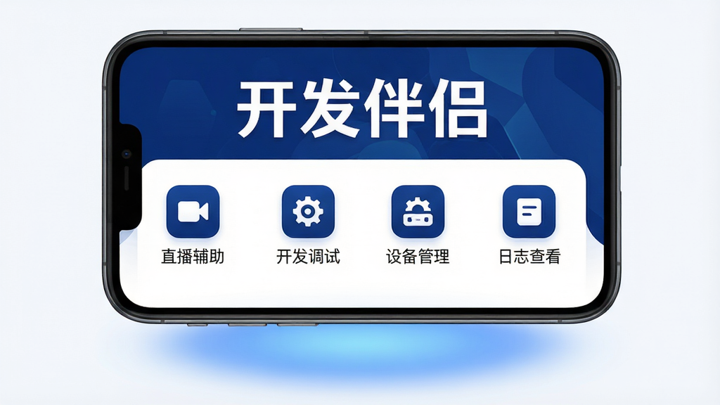 开发伴侣软件主界面截图,画面中央展示一款手机应用界面,顶部标题栏写着“开发伴侣”四个大字,下方排列着“直播辅助”“开发调试”“设备管理”“日志查看”四个功能图标,界面采用深蓝色与白色搭配的科技风格,背景干净简洁,手机下方有淡淡的蓝色光晕效果,整体画面清晰明亮,画质细腻,无多余元素干扰。
