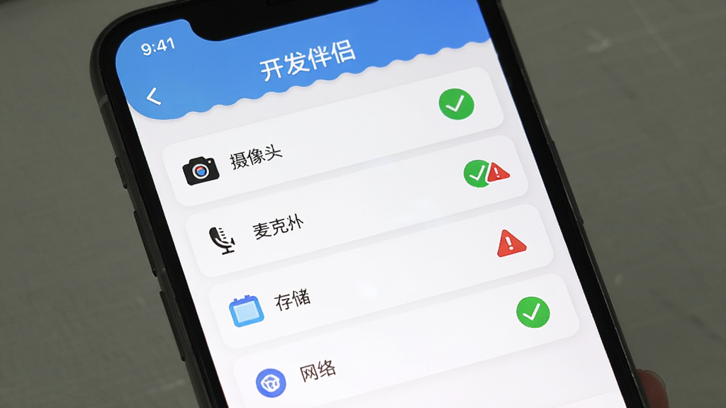 开发伴侣设备权限管理界面,画面展示手机屏幕上一款名为“开发伴侣”的应用正在显示权限管理列表,包含摄像头、麦克风、存储、网络等权限项,每项右侧有绿色勾选或红色警告图标,界面采用白色背景搭配蓝色和红色标识,整体风格清爽直观,画质清晰,无多余元素。