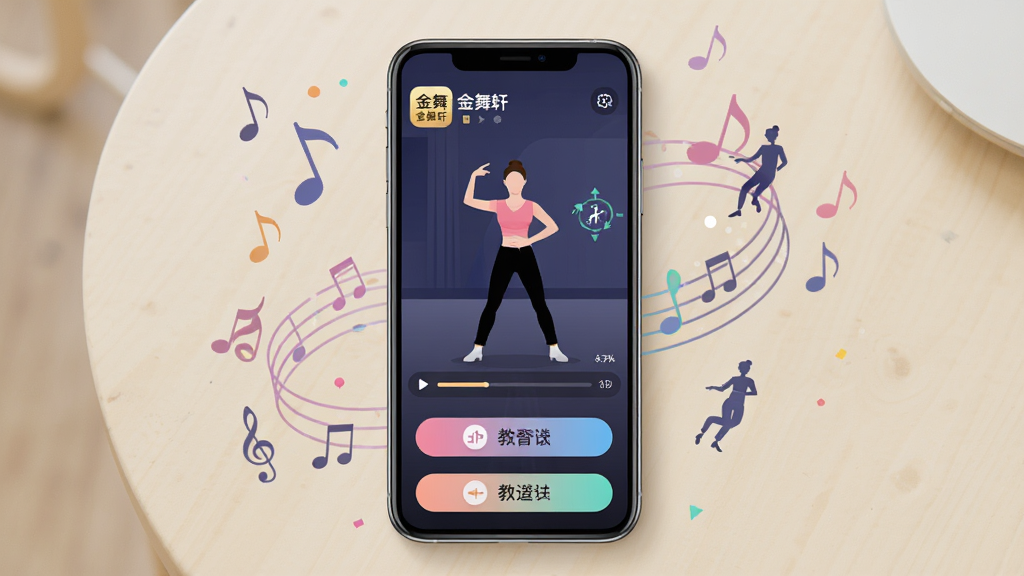 主体为一部智能手机竖屏展示舞蹈教学应用界面,布局为手机居中放置于浅色桌面,屏幕内显示舞蹈老师示范动作与分步教学按钮,排版上手机四周环绕音符与舞步轨迹的装饰元素,风格为现代扁平化设计,细节包含应用图标上的“金舞轩”字样、播放进度条与动作角度标注,画质为高清4K,干净无多余元素