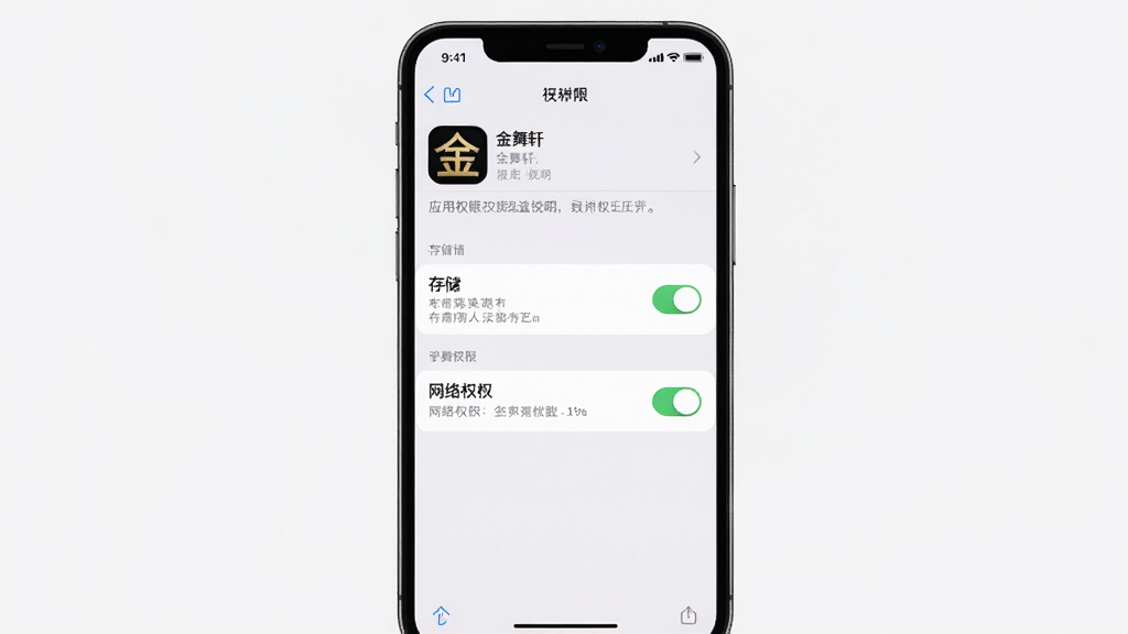 主体为手机屏幕显示应用权限设置界面,布局为竖屏手机居中,排版上高亮显示存储与网络权限开关,风格为扁平化系统设置界面风格,细节包含“金舞轩”应用图标与权限说明文字,画质为高清,干净无多余元素