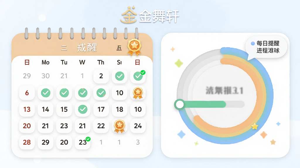 主体为日历与进度条结合的学习计划界面,布局为左侧日历右侧进度环,排版上顶部显示“金舞轩”标志,风格为柔和圆角卡片式设计,细节包含已完成打勾标记、徽章图标与每日提醒气泡,画质为高清,干净无多余元素