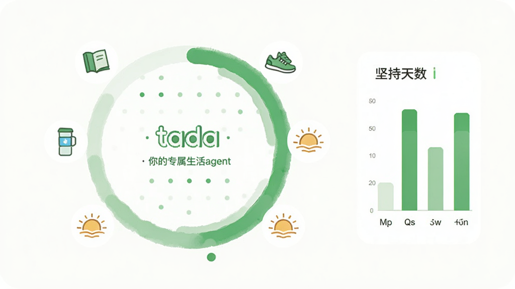 画面中央是一个圆环形的习惯打卡进度条,进度条上标注着 tada 你的专属生活agent 的图标。圆环周围分布着书本、水杯、跑鞋、日出等小图标,代表不同习惯。画面右侧有一个简洁的柱状图展示坚持天数。整体风格清新简约,以绿色和白色为主色调,布局居中,画质高清,无冗余元素。