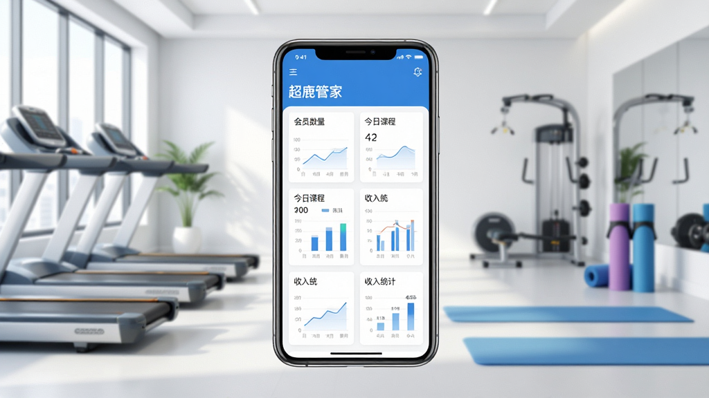 一张展示超鹿管家软件主界面的场景图,画面中央是智能手机屏幕,屏幕上显示健身场馆管理后台的数据看板,包含会员数量、今日课程、收入统计等图表模块,背景是明亮整洁的健身房环境,有跑步机和瑜伽垫等器材,整体风格现代简约,色调以蓝白为主,画质清晰干净,无多余元素