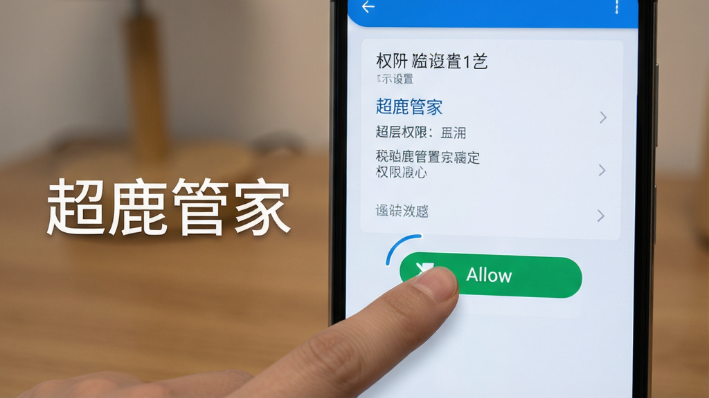 超鹿管家安装设置界面示意图,画面展示一部安卓手机屏幕,屏幕上是应用权限设置页面,旁边有手指点击允许按钮的动作,背景简洁,风格写实,画面中包含“超鹿管家”文字,画质清晰,无多余元素