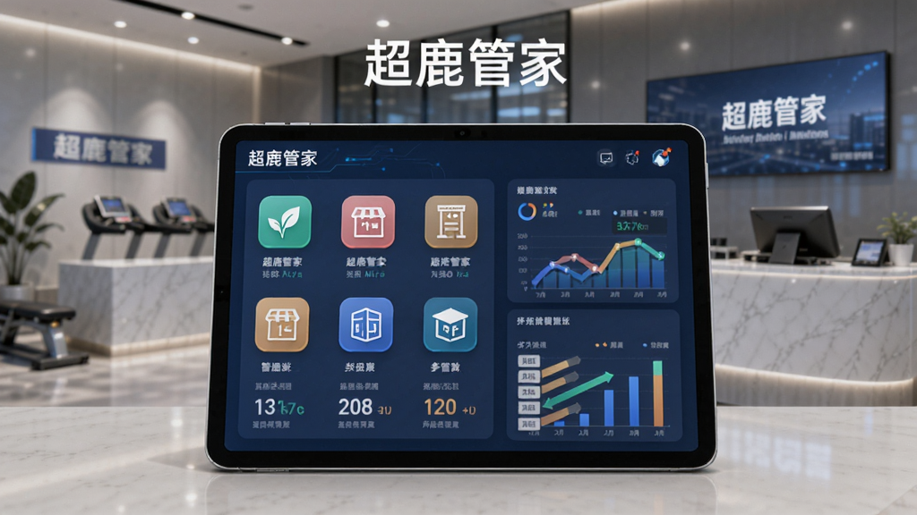 超鹿管家多门店管理示意图,画面展示一个平板电脑屏幕,屏幕上呈现多个门店的图标与数据对比图,背景是现代化的连锁健身房前台,风格商务科技感,画面中带有“超鹿管家”文字,画质干净,布局整洁