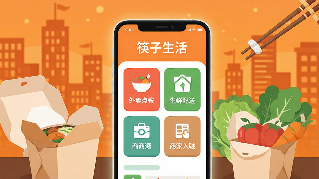 画面中央是一部智能手机,屏幕上清晰展示着“筷子生活”APP的首页界面,界面上有外卖点餐、生鲜配送、商家入驻等图标模块,手机周围环绕着中餐外卖盒、新鲜蔬菜、筷子等生活元素,背景是温暖的橙色调城市夜景,布局采用居中对称构图,风格为现代扁平化插画,细节上手机边缘有轻微光晕,界面文字清晰可辨,画质高清,画面干净,无多余杂乱元素