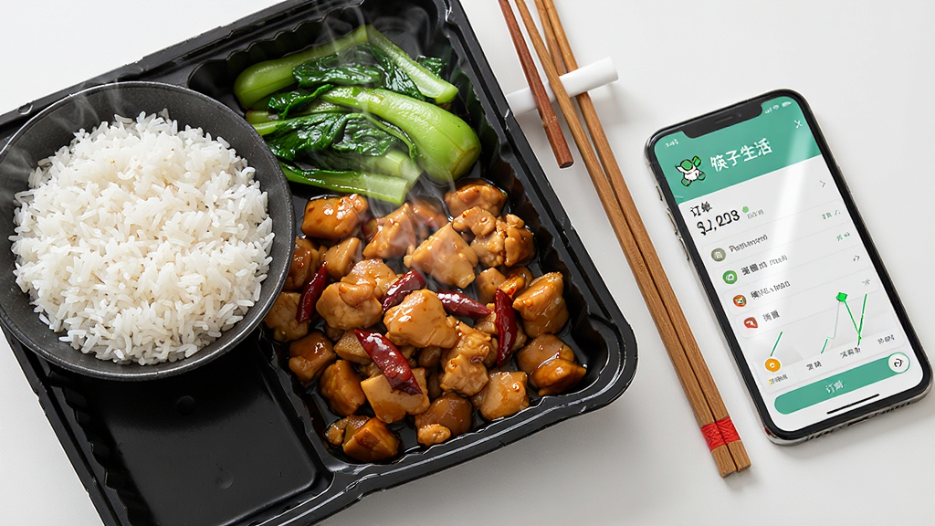 画面主体为一份丰盛的中式外卖套餐,包括米饭、宫保鸡丁和青菜,旁边放着一双筷子和一部显示“筷子生活”订单追踪页面的手机,布局采用对角线构图,风格为写实美食摄影,细节上饭菜冒着热气,手机屏幕有柔和反光,画质高清,画面干净,无多余元素
