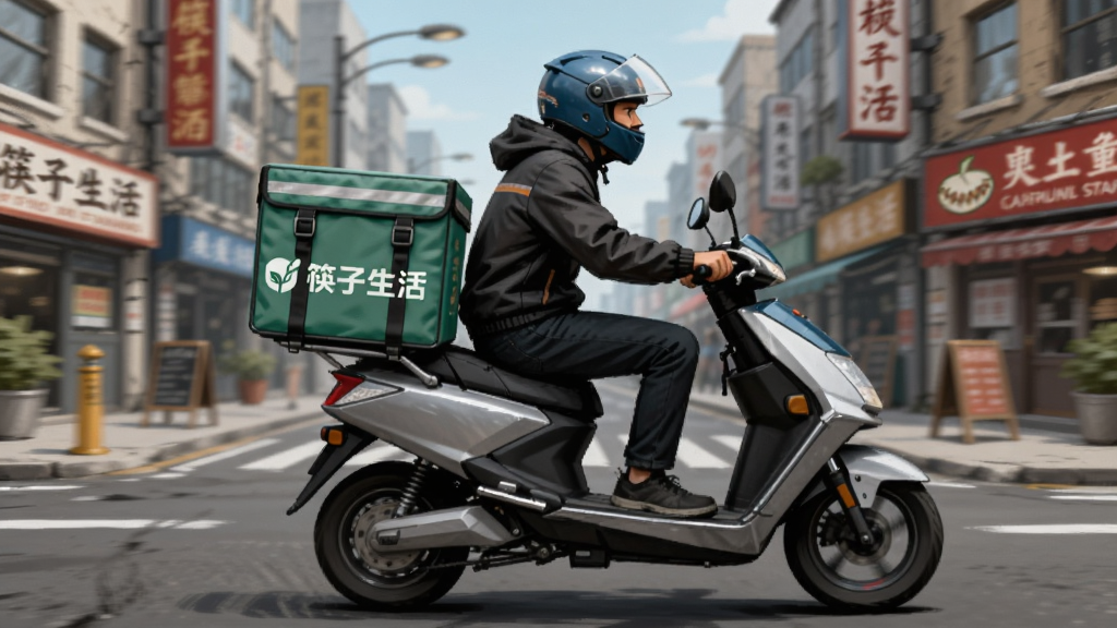 画面描绘一位骑手骑着电动车穿梭在城市街道上,车后座有“筷子生活”标识的配送箱,背景是海外城市街景,布局采用动态追焦构图,风格为写实插画,细节上骑手头盔和配送箱清晰,街道两侧有中餐馆招牌,画质高清,画面干净,无多余元素