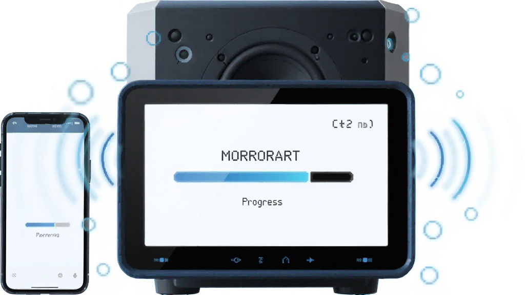 一张 MORRORART 音箱正在进行固件升级的示意图,主体为音箱屏幕显示进度条,布局居中,排版简约,风格科技蓝调,细节包含手机与音箱的连接波纹,画质高清,干净,无多余元素
