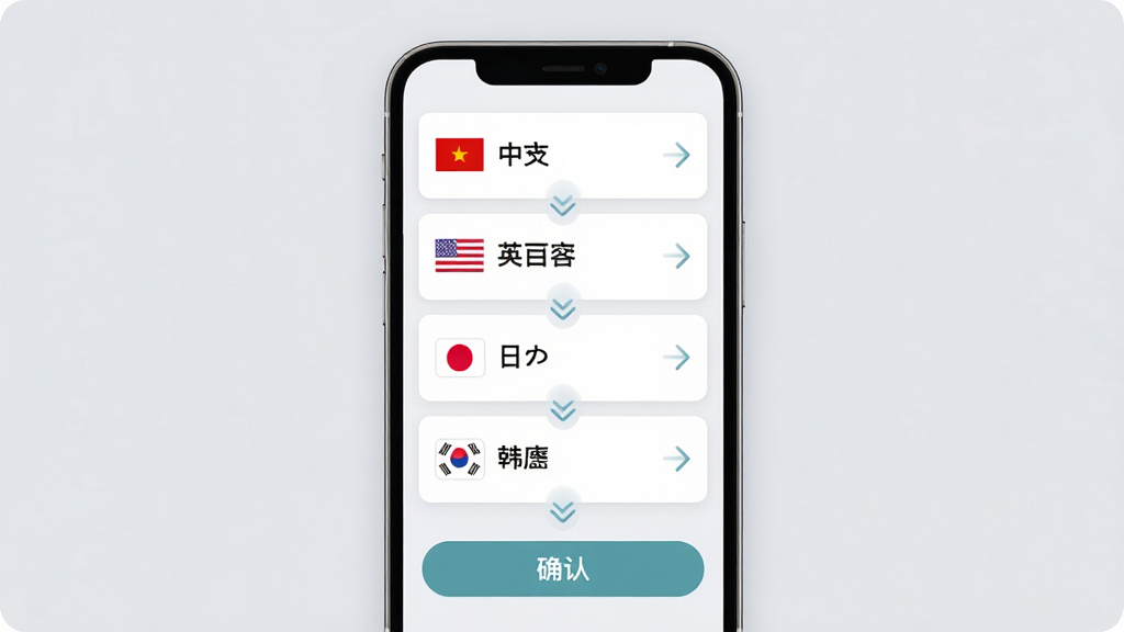 展示驾考宝典多语言版的多语言切换界面,画面中心为手机屏幕,屏幕内显示语言选择列表,包含中文、英文、日文、韩文选项,每个选项旁有对应国旗小图标,背景为柔和浅灰色,布局为上下排列的卡片式设计,风格简约清新,细节包含切换动画箭头与确认按钮,画质清晰,无杂乱元素