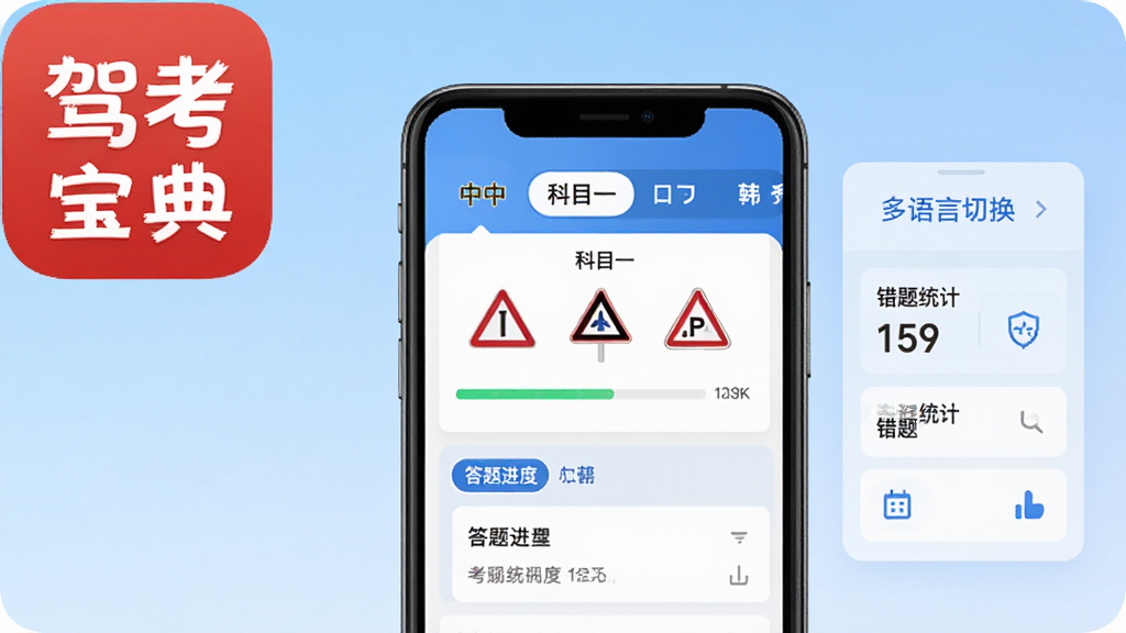 软件主界面展示驾考宝典多语言版应用图标与多语言切换面板,画面中央放置一部智能手机,屏幕显示科目一题库练习页面,顶部有中英日韩语言切换标签,背景为浅蓝色渐变,布局简洁明了,风格为扁平化科技风,细节包含交通标志图标、答题进度条与错题统计卡片,画面干净整洁,无多余元素,高清画质
