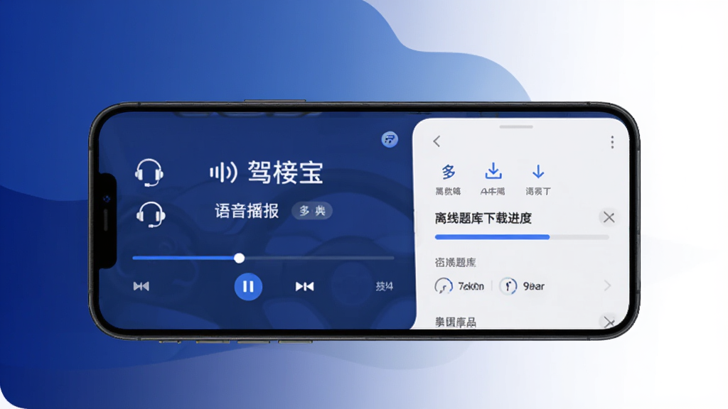 展示驾考宝典多语言版语音播报与离线下载功能,画面主体为手机屏幕,屏幕显示语音播放控制条与离线题库下载进度,背景为深蓝色渐变,布局为上下结构,风格为现代简约,细节包含耳机图标、下载箭头与语言标识,画质干净,无多余装饰