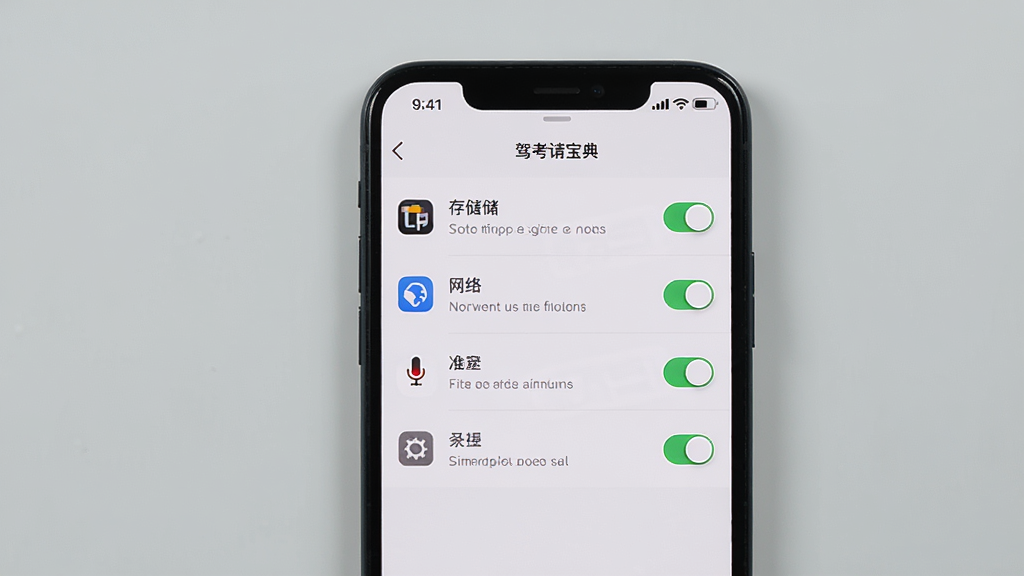 展示驾考宝典多语言版在手机上的安装权限设置界面,画面主体为手机屏幕,屏幕内显示应用权限管理页面,包含存储、网络、麦克风等权限开关,背景为浅灰色,布局为列表形式,风格为系统设置界面,细节包含权限图标与开关按钮,画质清晰,无多余元素