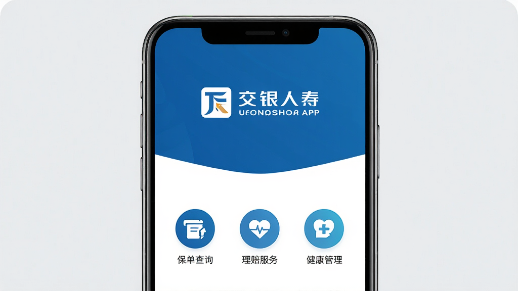 手机屏幕正中央展示交银人寿App的启动界面,界面以蓝色和白色为主色调,上方有交银人寿的Logo和名称,下方显示保单查询、理赔服务、健康管理等核心功能图标,背景是简洁的浅灰色,整体风格专业、干净、无多余元素,画质清晰,文字锐利,无杂乱装饰。