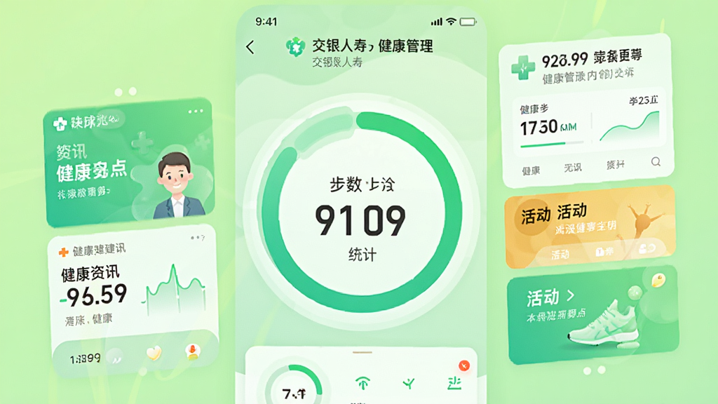一个手机界面展示交银人寿App的健康管理页面,页面中央有一个醒目的步数统计圆环,周围环绕着健康资讯卡片和活动入口,背景是清新的浅绿色,风格活力十足,画质明亮,文字清晰,无杂乱元素,整体给人一种积极向上的感觉。