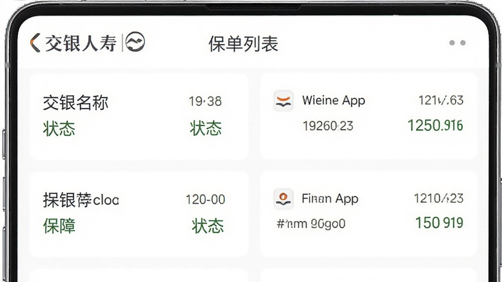 一个整洁的手机界面截图,显示交银人寿App的保单列表页面,页面顶部有交银人寿的标识,列表中展示多张保单卡片,每张卡片包含保单名称、状态和保障金额,背景为纯白色,字体清晰,布局整齐,风格简约现代,画质高清,无多余装饰元素。