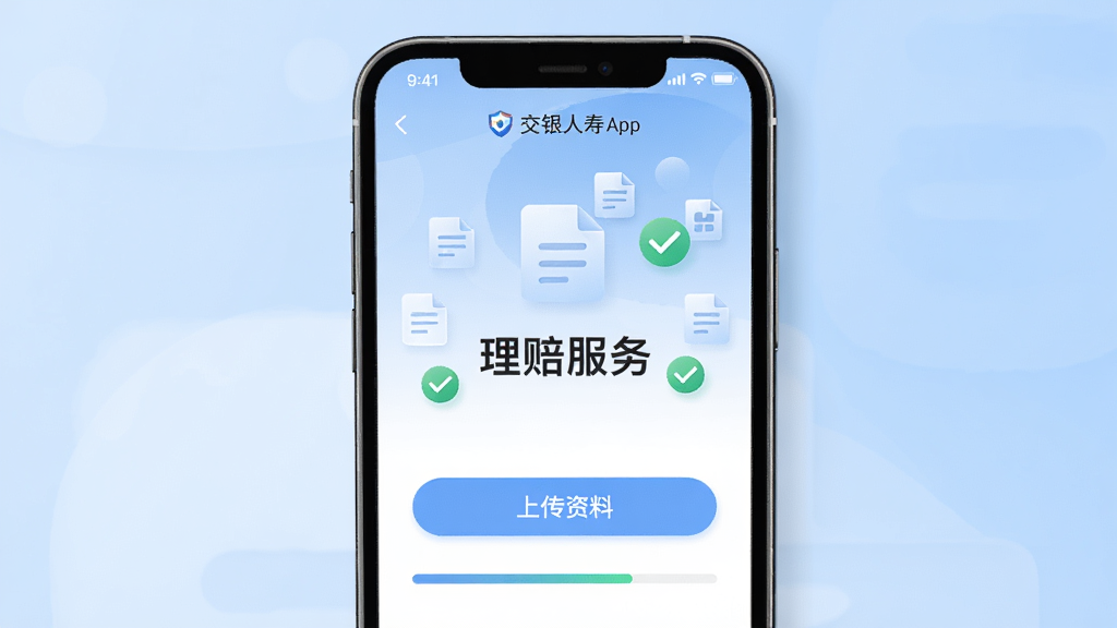 手机屏幕显示交银人寿App的理赔申请页面,页面上有上传资料的按钮和进度条,背景是柔和的蓝色渐变,界面中央有“理赔服务”字样,周围有文件图标和勾选标记,风格商务且友好,画质清晰,文字无乱码,整体干净整洁。
