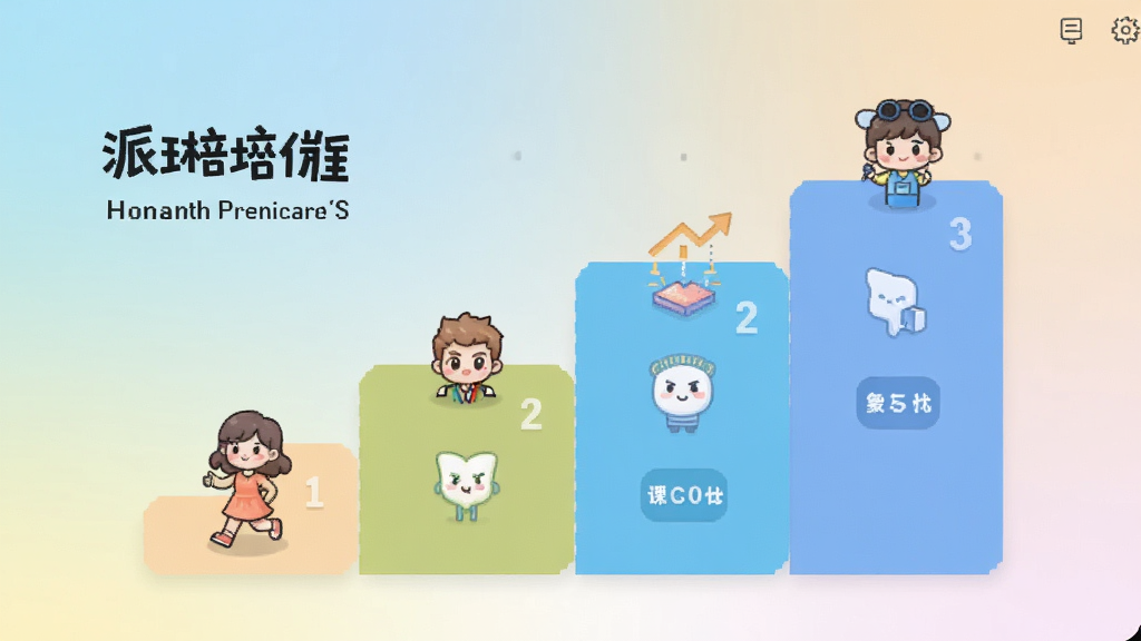 派培优 课程体系 界面截图 屏幕中显示阶梯式课程模块 从简单到复杂排列 每个模块有可爱的图标和数字标识 背景是柔和的渐变色 主体突出 布局对称 排版整齐 风格现代教育 细节清晰 画质高清 干净 无多余元素