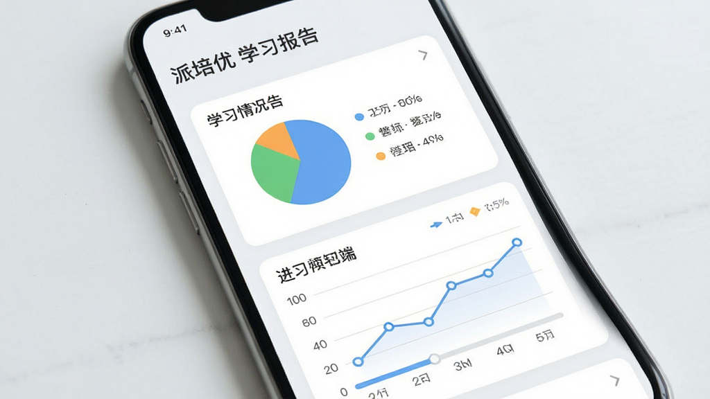 派培优 学习报告 家长端界面 手机屏幕显示数据图表和进度条 有饼图和折线图展示学习情况 背景是简洁的白色和浅灰色 主体是图表区域 布局规整 排版专业 风格现代简约 细节清晰 画质高清 干净 无多余元素