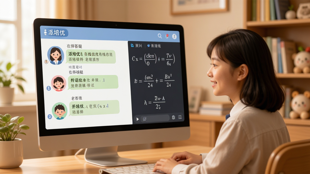 派培优 在线答疑 老师辅导场景 屏幕中显示聊天界面和数学公式 有老师头像和小朋友头像 背景是温馨的书房 主体是对话内容 布局左右分栏 排版清晰 风格亲切友好 细节丰富 画质高清 干净 无多余元素