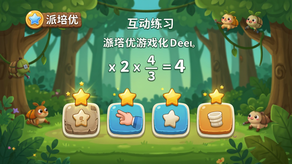 派培优 互动练习 游戏化答题界面 屏幕中显示一道数学题和多个可拖拽的答案选项 有星星奖励动画 背景是森林探险场景 主体是题目和选项 布局清晰 排版活泼 风格卡通趣味 细节丰富 画质高清 干净 无多余元素