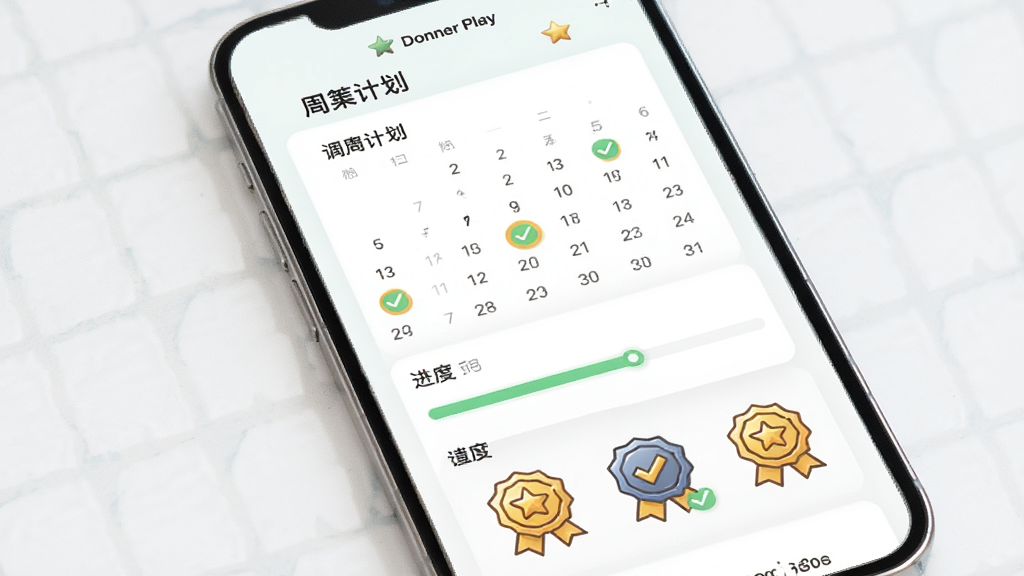 Donner Play个性化练习计划页面,主体为手机屏幕显示日历打卡与进度条,布局上方为周计划下方为成就徽章,排版整齐有序,风格为清新简约风,细节包含金色星星与完成勾选标记,画质高清干净无多余元素,画面中文字标注“Donner Play”