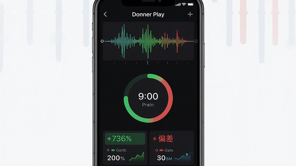 Donner Play实时节拍反馈界面,主体为手机屏幕显示波形图与评分圆环,布局上方为波形下方为数据统计,排版简洁明了,风格为科技数据可视化风格,细节包含绿色达标区域与红色偏差标记,画质高清干净无多余元素,画面中文字标注“Donner Play”