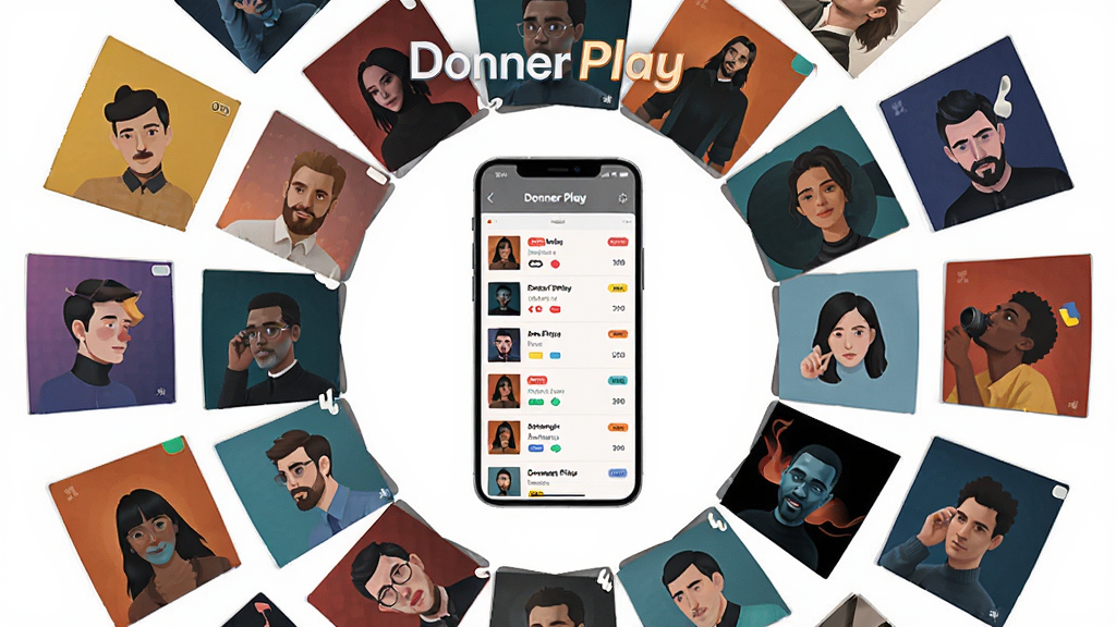 Donner Play智能曲库功能展示,主体为悬浮在空中的多个音乐专辑封面环绕成圆形,布局中心为手机屏幕显示曲目列表,排版呈放射状展开,风格为扁平化插画风,细节包含不同颜色标签区分音乐风格,画质高清干净无多余元素,画面中文字标注“Donner Play”