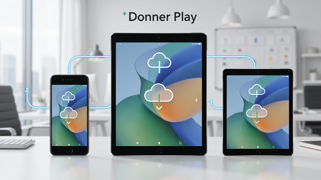 Donner Play多设备同步示意图,主体为手机平板电脑三台设备并排显示相同界面,布局横向排列居中,排版对称均衡,风格为现代办公场景风,细节包含云朵同步图标与连接线条,画质高清干净无多余元素,画面中文字标注“Donner Play”