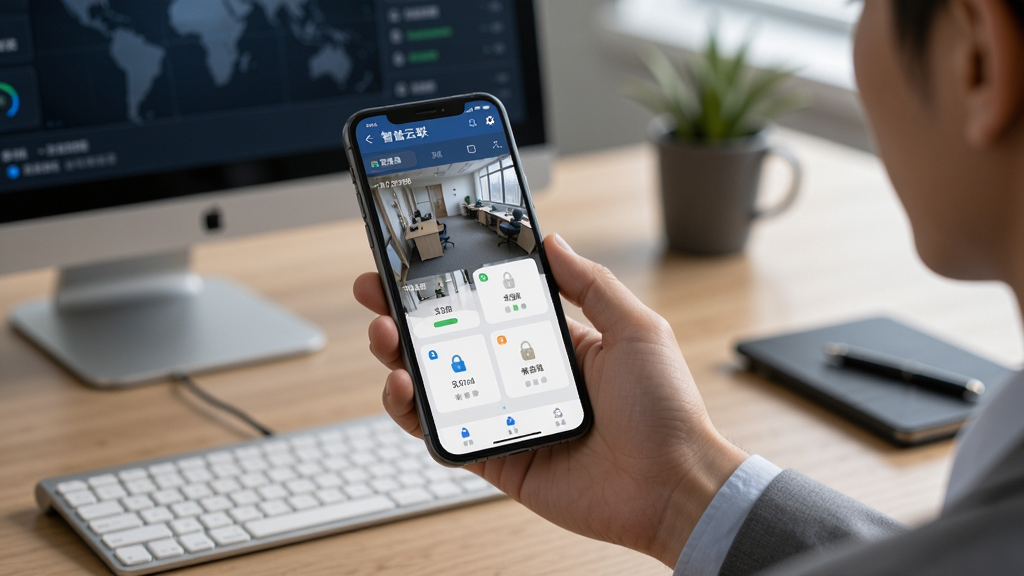 画面展示智慧云联远程实时管控功能,一个人坐在办公室用手机查看智慧云联应用中的摄像头实时画面和门锁状态,手机屏幕显示清晰的监控画面和设备状态卡片,背景是办公桌面,风格写实科技感,细节丰富,画质高清,干净无多余元素